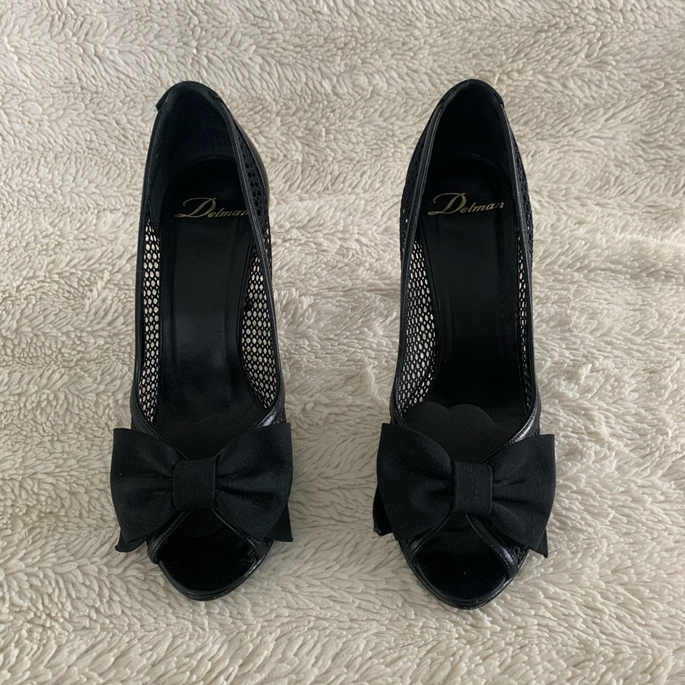 Delman Black Leather and Mesh Peep-toe Pump